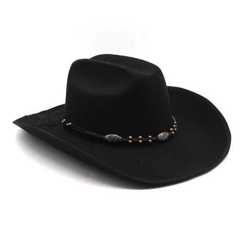 Western Cowboy Hat Woolen Felt Wide Brim Beaded Band Ethnic Tribal Style Outdoor Fashion For Men Women