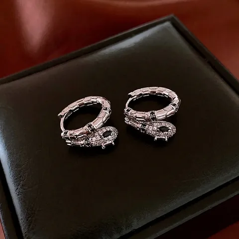 Vintage Schlangen Creolen Kupfer Mit Weißen Zirkonia Und Schwarzen Edelsteinen Retro Tierstil Schmuck Für Frauen