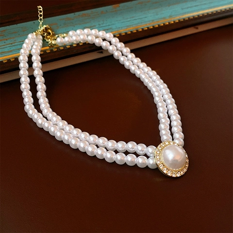 French Retro Artificial Pearl Necklace For Women Elegant Multi-layer Choker With Alloy Heart Bow Flower Pendant Rhinestone