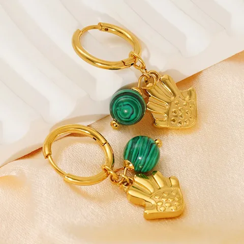 Vintage Böhmische Creolen 18K Vergoldeter Edelstahl Mit Natursteinperle Und Palmenanhänger Für Damen