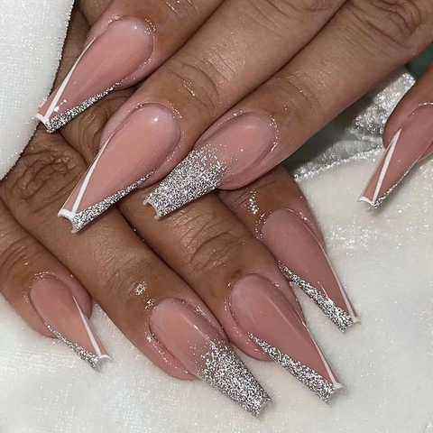 Lange Coffin Kunstnagels Zilveren Glitters French Tips Witte Rand Kunstmatige Ballerina Manicure
