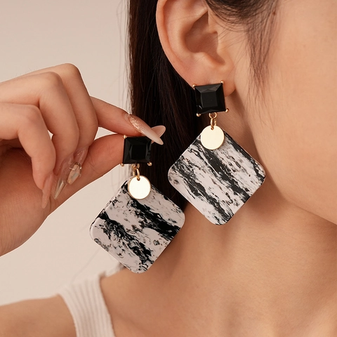 Orecchini Pendenti Geometrici Con Motivo Marmo Acrilico Strass Lega E Perno In Argento Stile Punk Vintage Per Donna