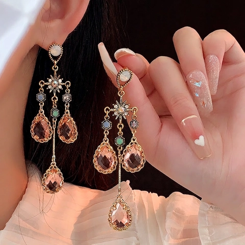Boucles D'oreilles Longues À Pampilles En Forme De Larme Alliage Étoile Cristal Rose Avec Tige En Argent Style Vintage Femme