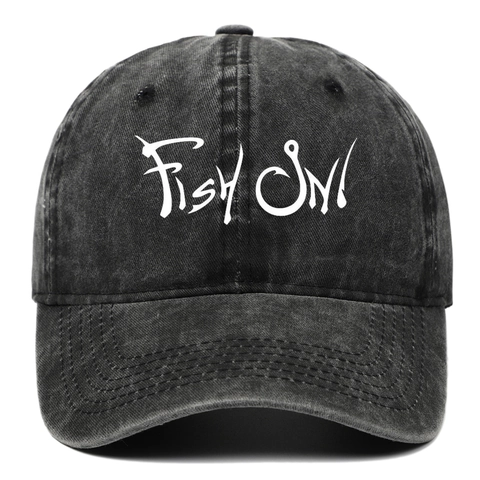 Fish On Baseball Cap Washed Cotton Distressed Vintage Dad Hat For Fishing Outdoor Sports Adjustable Strap