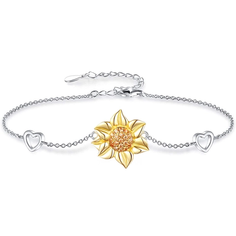 Sunflower 925 Sterling Silver Bracelet With Heart Charms Yellow Zircon Dainty Floral Jewelry For Women