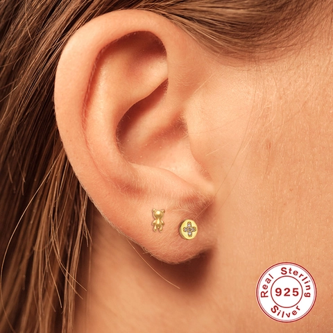 925 Sterlingsilber Teddybär Ohrstecker Für Damen Gold Plattiert Zirkonia Schraubverschluss Helix Knorpel Piercing Schmuck