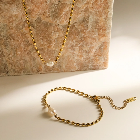 Titanium Stahl Halskette Armband Mit Unregelmäßiger Künstliche Perle 18K Vergoldet Minimalistischer Schmuck Damen