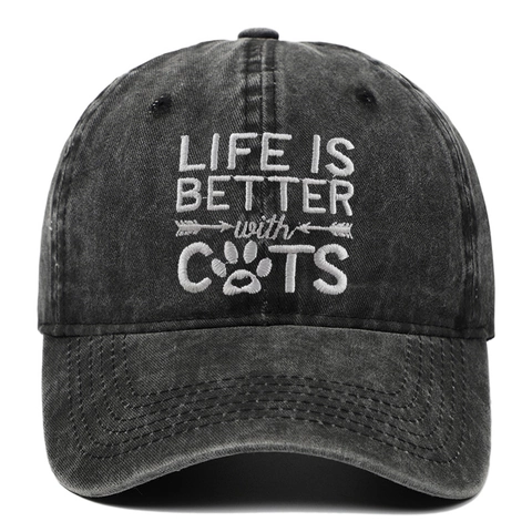 Cappello Da Baseball In Cotone Lavato Vintage Distressed Dad Hat Con Ricamo Gatto Life Is Better With Cats Per Uomini Donne