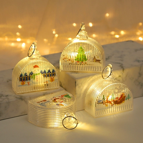 Christmas Led Lantern Transparent Plastic Warm Night Light Hanging Ornament Holiday Desktop Decor Santa Snowman Pattern