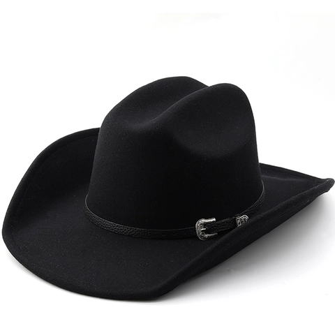 Western Cowboy Hat Polyester Wool Felt Wide Brim Pinched Crown Decorative Belt Buckle Retro Vintage Unisex