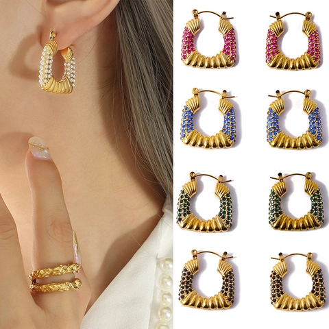 Baroque Striped Geometric U-Shaped Hoop Earrings Titanium Steel Colorful Zircon Micro-Set Vacuum Plated Jewelry For Women