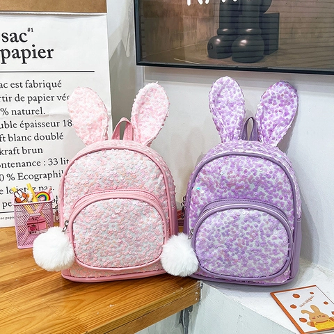 Kids Backpack Sequin Rabbit Ears Pom Pom Pendant Mini Cute PU Leather School Bookbag Small Daypack For Girls Travel