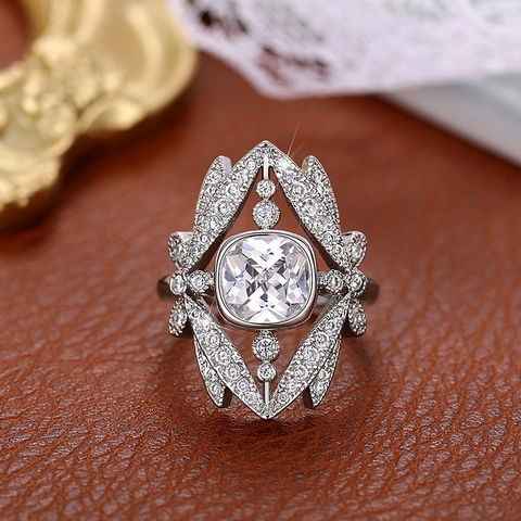 Elegant Crown Ring For Women Copper Cushion Cut Zirconia Hollow Geometric Design Vintage Luxury Style Jewelry
