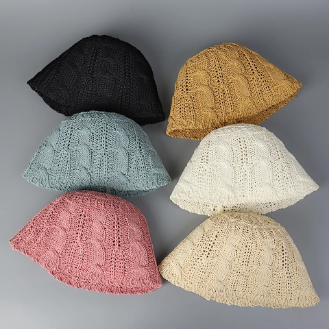 Sombrero De Pescador Tejido Para Mujer Trenzado Calado Plegable Mezcla Algodón Sombrero Sol Color Sólido Estilo Retro