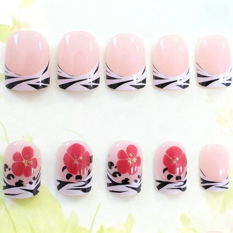 Short Square Press On Nails ABS False Nails French Style Zebra Print Red Flower Elegant Manicure For Women Fashion Art