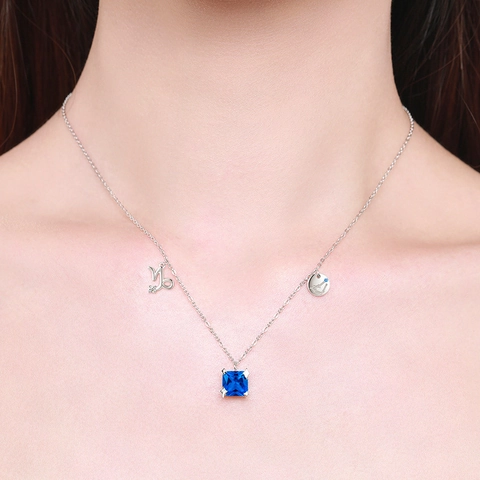 Capricorn Zodiac Necklace 925 Sterling Silver Square Blue Cubic Zirconia Constellation Pendant Jewelry For Women