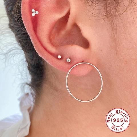 925 Sterling Silver Cartilage Stud Earrings Three Stone Cluster Geometric Triangle Zircon Screw Back Piercing Jewelry Women
