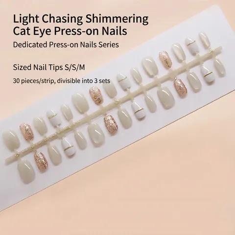 Handmade Cat Eye Press On Nails Minimalist Short Ballet White Gold Glitter Nail Patches For Women Manicure Decor
