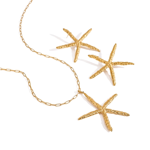 Boucles d'Oreilles Collier Étoile de Mer en Acier Inoxydable pour Femmes Plaqué Or Style Marin Texture Martelée Bijoux