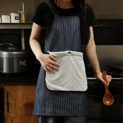 Striped Kitchen Apron Polyester Cotton Blend With Detachable Wipeable Towel Large Pocket Household Waterproof Professional