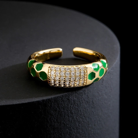 Anillo Ajustable Abierto Geométrico Cobre Bañado Oro 18K Esmalte Color Circonita Micro Pavimentada Joyería Moda Mujer