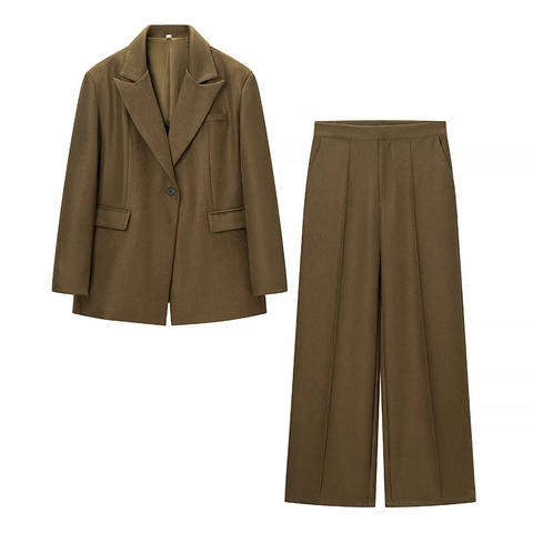 Damen Elegant Polyester Einfarbig Büro Anzug Blazer Volle Länge Weites Bein Hose Top Bottom Professionell Pendler Anzug Set