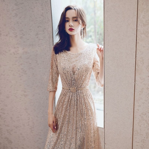 Sequin Abendkleid V-Ausschnitt Mesh Mittellange Ärmel Elegantes Langes Meerjungfrau Kleid Für Formelle Partys Damen