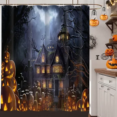 Halloween Shower Curtain Waterproof Polyester Fabric Spooky Pumpkin Castle Cemetery Bathroom Decor With Hooks