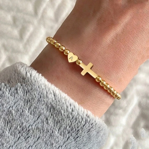 Fashion Stainless Steel Gold Plated Beaded Bracelet For Women Initial Letter Heart Cross Pendant Adjustable Jewelry Gift