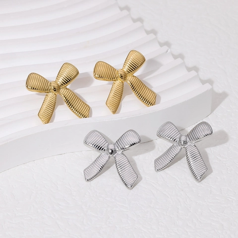 Pendientes De Botón Con Lazo Acero Inoxidable Chapado En Oro 18K Texturizado Minimalista Moda Para Mujer