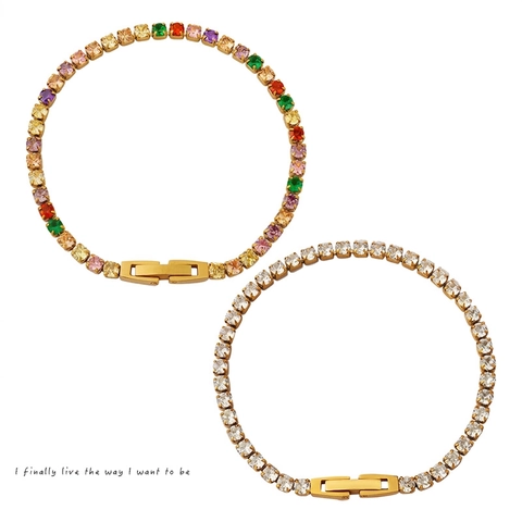Elegante Bracciale Tennis Da Donna In Acciaio Inossidabile Placcato Oro 18K Con Zirconi Colorati Arcobaleno