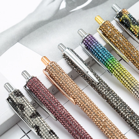 Retractable Ballpoint Pen Full Rhinestone Inlaid Metal Shiny Luxury Business Gift Office Stationery For Women