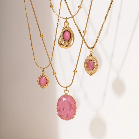 Collar Con Colgante De Rodocrosita Bañado En Oro De 18K Acero Inoxidable Piedra Rosa Joyería Vintage Para Mujer