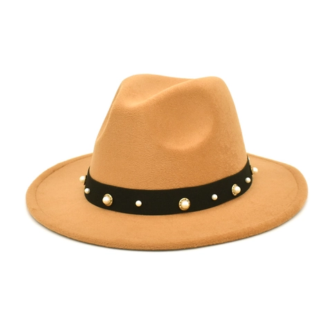 Retro Elegant Fedora Hat Woolen Felt With Artificial Pearl Gold Rivet Decorative Band Wide Brim Solid Color Unisex Jazz Cap