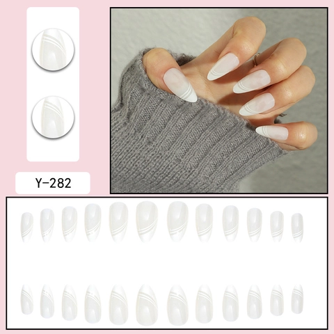 Press On Nagels Witte Lijnen Minimalistisch Amandelvorm Franse Stijl Lange Stiletto Kunstnagels Voor Vrouwen Manicure
