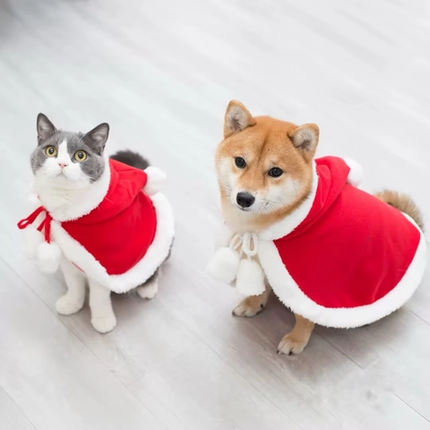 Mantello Di Natale Per Animali Rosso Peluche Pile Caldo Cappuccio Festa Costume Festivo Per Gatti Cani Piccoli
