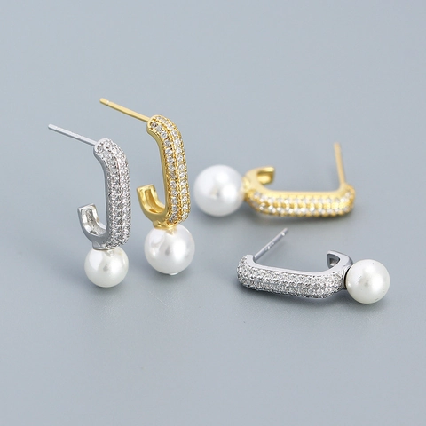 Elegante Kunstparel Hoop Oorbellen Met 925 Sterling Zilver Zirkoon Micro Pave C Vorm Hanger Sieraden Voor Dames
