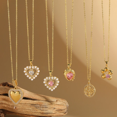 Elegant Copper Zirconia Heart Pendant Necklace For Women Gold Plated Artificial Pearl Tree Of Life Jewelry Sweet Necklace