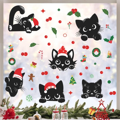 Christmas Wall Stickers Black Cat Festive PVC Window Decals For Home Kitchen Kids Room Decoration Cute Cartoon Aesthetic