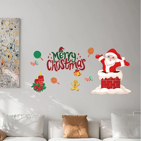 Weihnachts Wandaufkleber PVC Cartoon Weihnachtsmann Rentier Merry Christmas Schriftzug Für Home Holiday DIY Bunt Deko