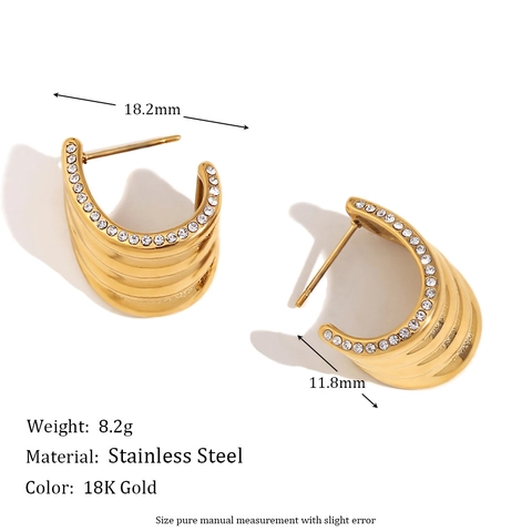 Pendientes De Botón De Acero Inoxidable Para Mujer Chapado En Oro 18K Forma C Multicapa Borde Ola Circón Moda