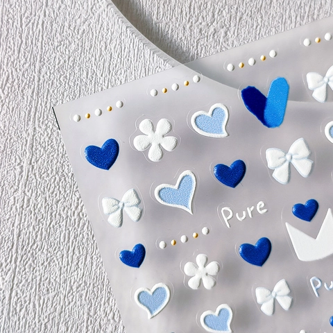 Autocollants À Ongles En Relief Motif Coeur Bleu Fleurs Noeuds Décalcomanies Auto-adhésives Pour Décoration De Manucure DIY