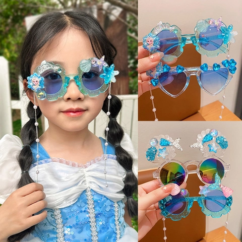 Occhiali Da Sole Bambina Bambini Protezione UV Montatura Cuore Tondo Stile Principessa Sirena Strass Perla Artificial Glitter Decoro