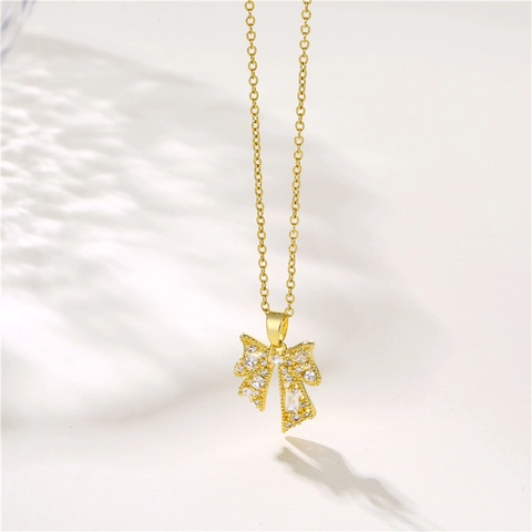 Collana Con Ciondolo A Fiocco Acciaio Inossidabile Zircone Placcato Oro Gioielli Eleganti Per Donne
