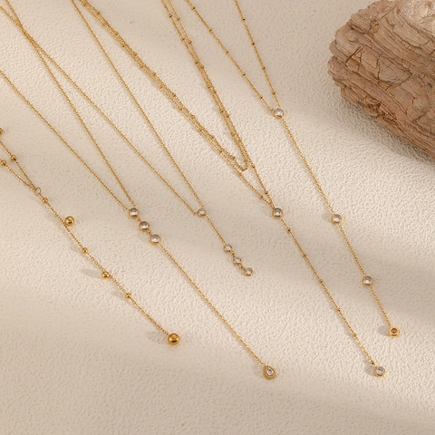 Lariat Necklace Stainless Steel Gold Plated Beaded Zircon Y-Shaped Minimalist Long Sweater Chain For Women Elegant