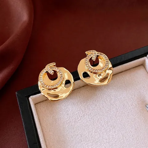 Irregular Round Stud Earrings 18K Gold Plated Copper 925 Sterling Silver Earring Post Zircon French Vintage For Women