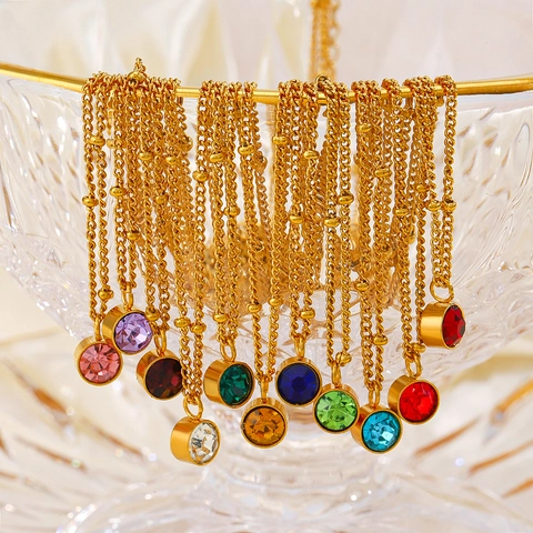 Birthstone Necklace For Women 18K Gold Plated Stainless Steel Round Crystal Dainty Pendant Minimalist Tiny Bead Chain