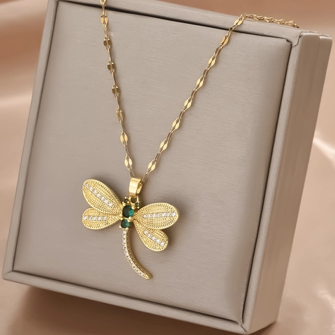Elegant Dragonfly Pendant Necklace Stainless Steel Gold Chain Green White Rhinestone Jewelry For Women Gift Banquet Daily