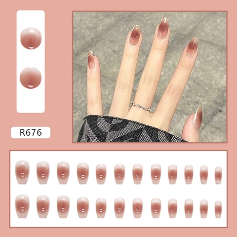 Red Brown Gradient Blush Press On Nails Short Coffin Artificial Finger Nails With Gold Glitter Glossy For Women