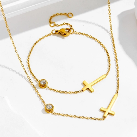 Titanium Staal Goud Verguld Kruis Hanger Sieraden Voor Vrouwen Minimalistische Strass Kruis Ketting Kruis Armband Kruis Enkelband